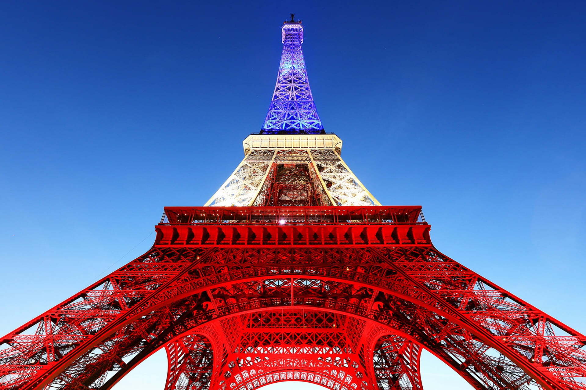 Eiffel Tower, Paris, lit in the colours of the French flag