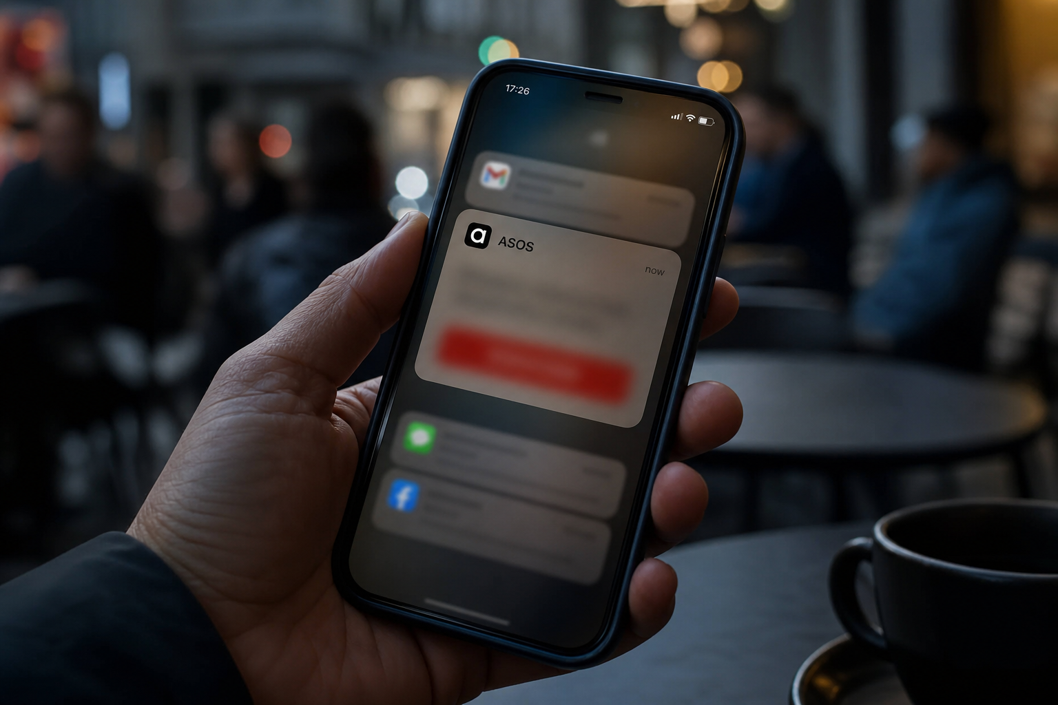 a realistic, moody smartphone-in-café scene with a blurred ASOS push notification, dim lighting, and a tense atmosphere