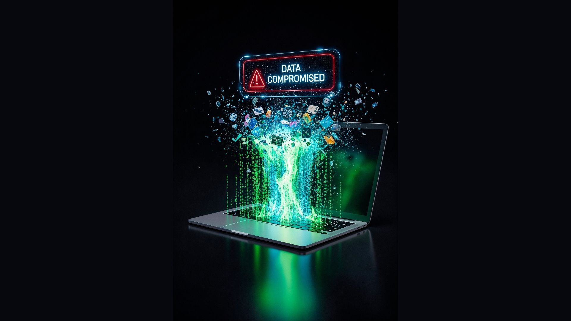 Laptop with data compromised and images of apps flowing out of laptop
