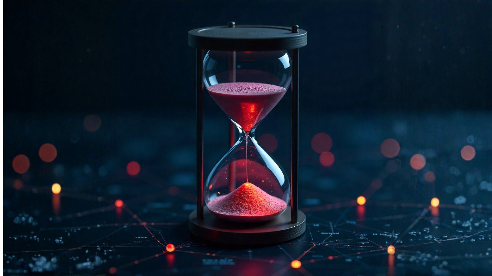 Hourglass overlaid with a network map and glowing alert icons