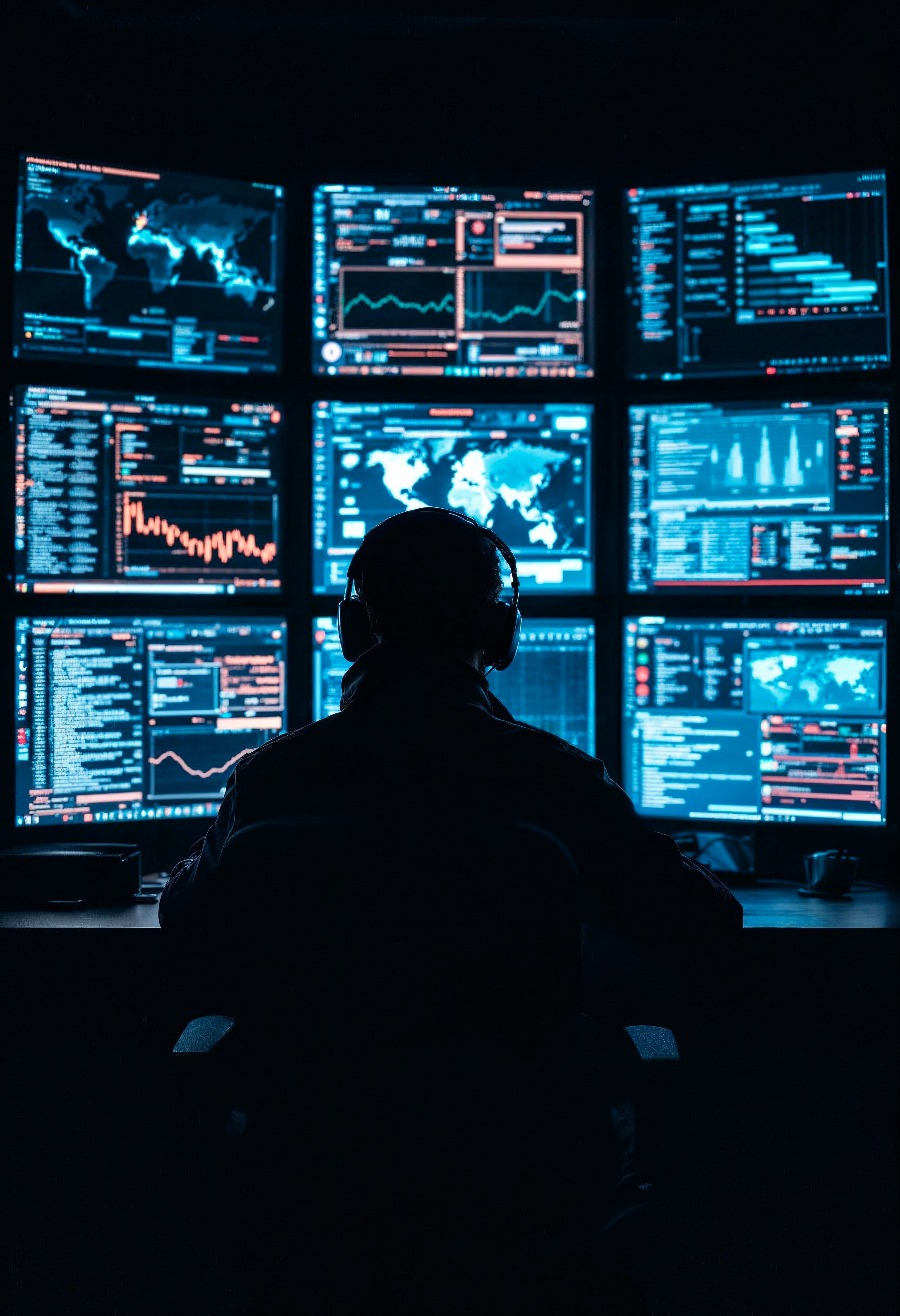 Cybersecurity expert monitoring data on multiple screens