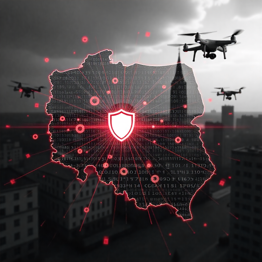 a glowing digital shield overlaying a map of poland, with binary code streams. In the background, drones in the sky