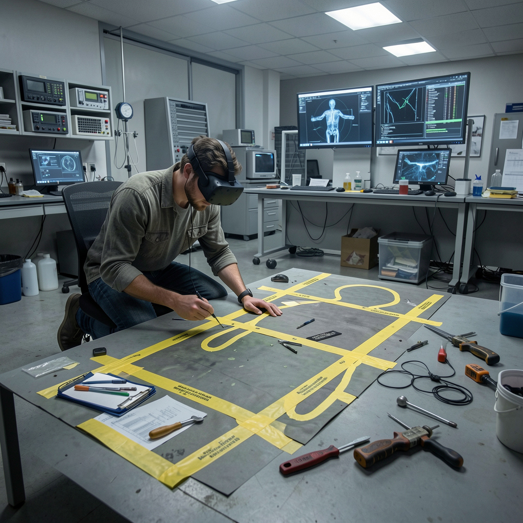 A visual of a student or trainee using a VR headset in a simulated crime scene lab environment