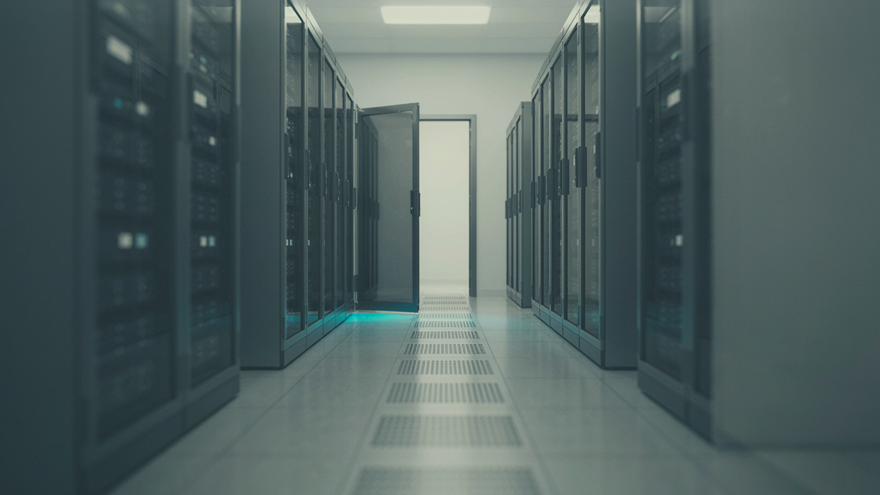 minimal editorial photograph looking down a data centre server corridor