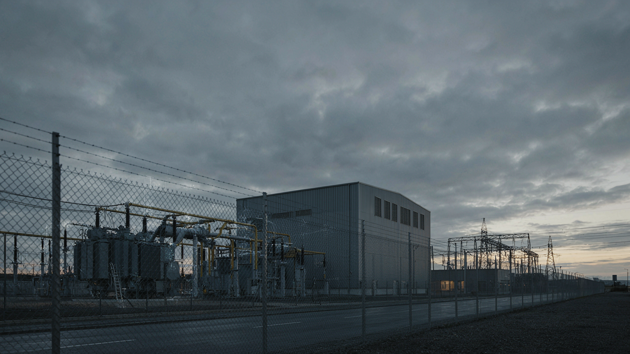 A realistic editorial photograph of a modern UK electricity generation facility at dusk